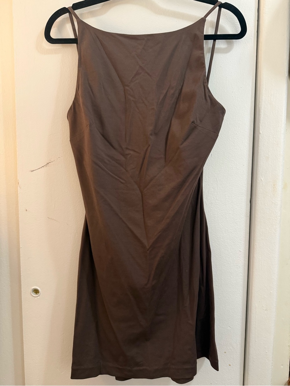 L'Academie Brown Spaghetti Strap Mini Dress from Revolve Backless Boat Neck